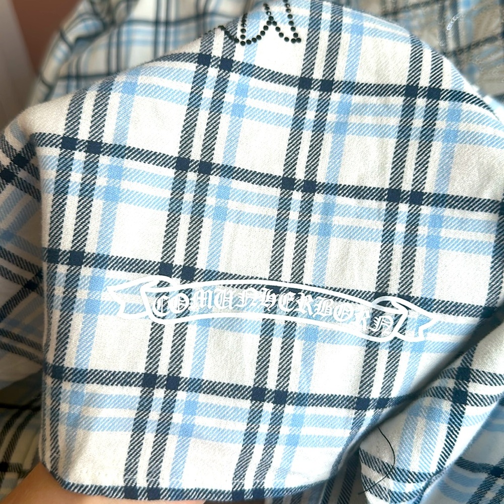 Chrome Hearts Flannel Plaid Shirt Unisex Size Medium Oversized Light Blue Navy - Picture 15 of 16